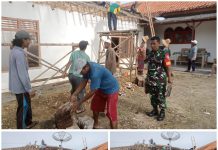 TNI Bersama Warga Kerja Bakti Turunkan Genting Rehab Rumah di Desa Banjar