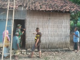 Gotong Royong Bersama Warga, Babinsa Bantu Pasang Tembok Rumah Masyarakat Dari Bambu